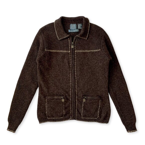 Vintage 90s Ivy Wool Zip Up Cardigan Sweater Brown Cottagecore Coastal Grandma - Picture 1 of 11